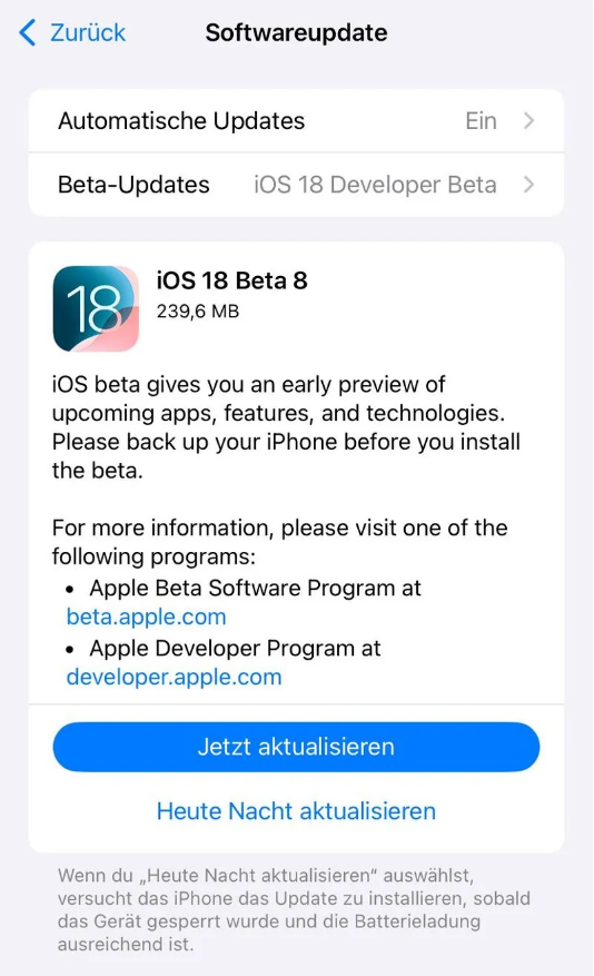 川汇苹果手机维修分享苹果 iOS / iPadOS 18 开发者预览版 Beta 8 发布 